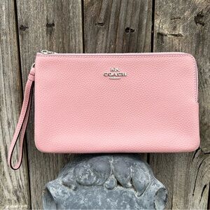 Coach Double Zip Wallet Wristlet Pebble Leather Pink